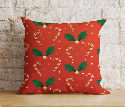 Christmas Holly and Candy Cane Reindeer Red Cushion Cover