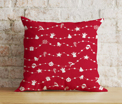 Christmas Holly and Candy Cane Reindeer Red Cushion Cover