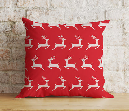 Christmas Holly and Candy Cane Reindeer Red Cushion Cover