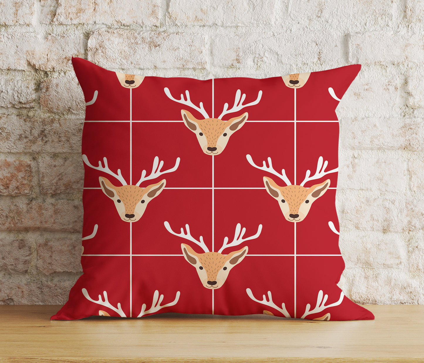 Christmas Holly and Candy Cane Reindeer Red Cushion Cover