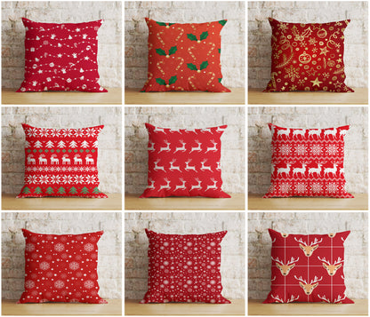 Christmas Holly and Candy Cane Reindeer Red Cushion Cover