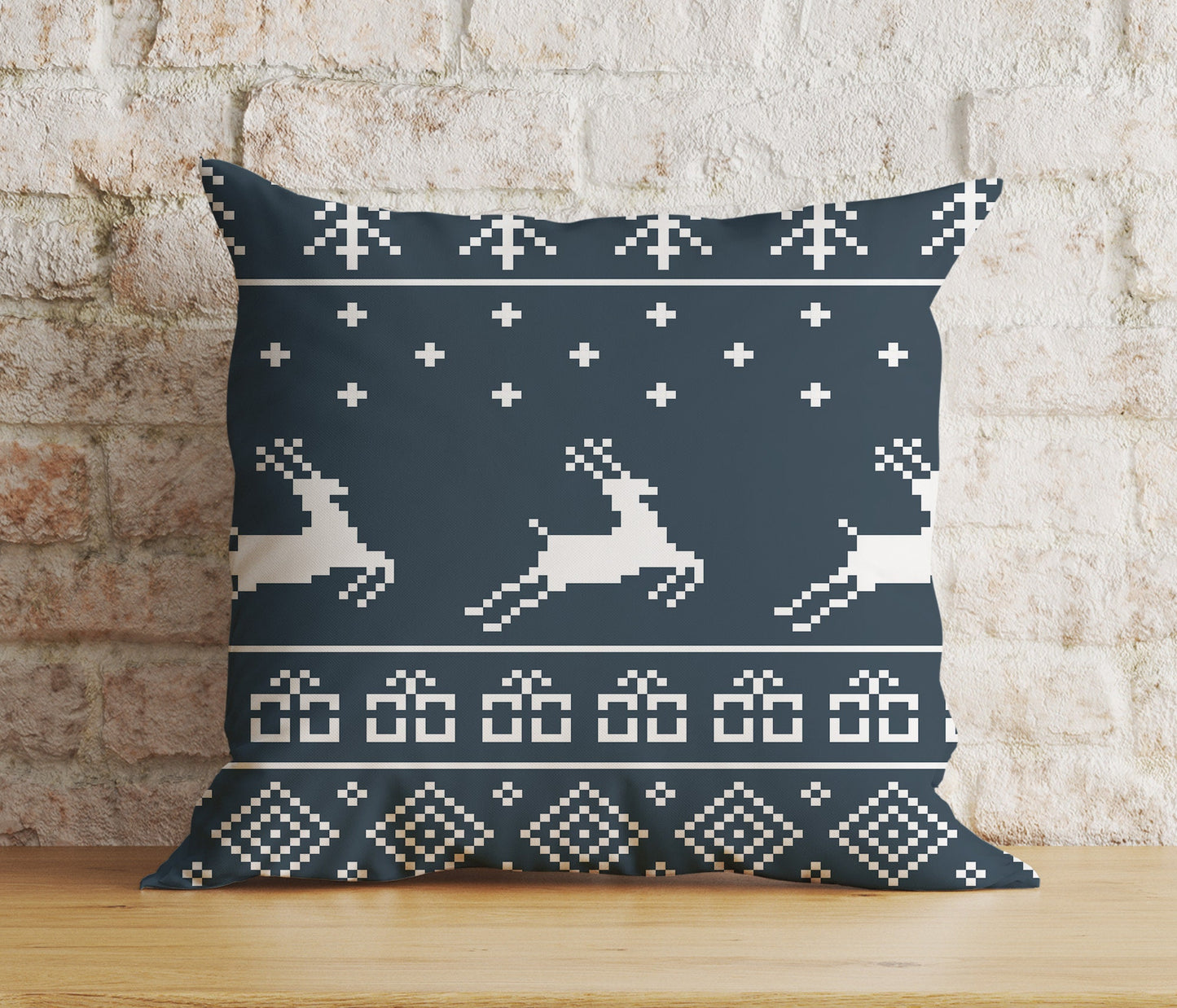 Christmas Blue Red Mustard Yellow Reindeer Print Cushion Cover