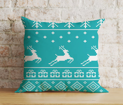 Christmas Blue Red Mustard Yellow Reindeer Print Cushion Cover