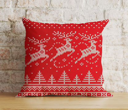 Merry Christmas Knitted Reindeer Red and White Cushion Cover