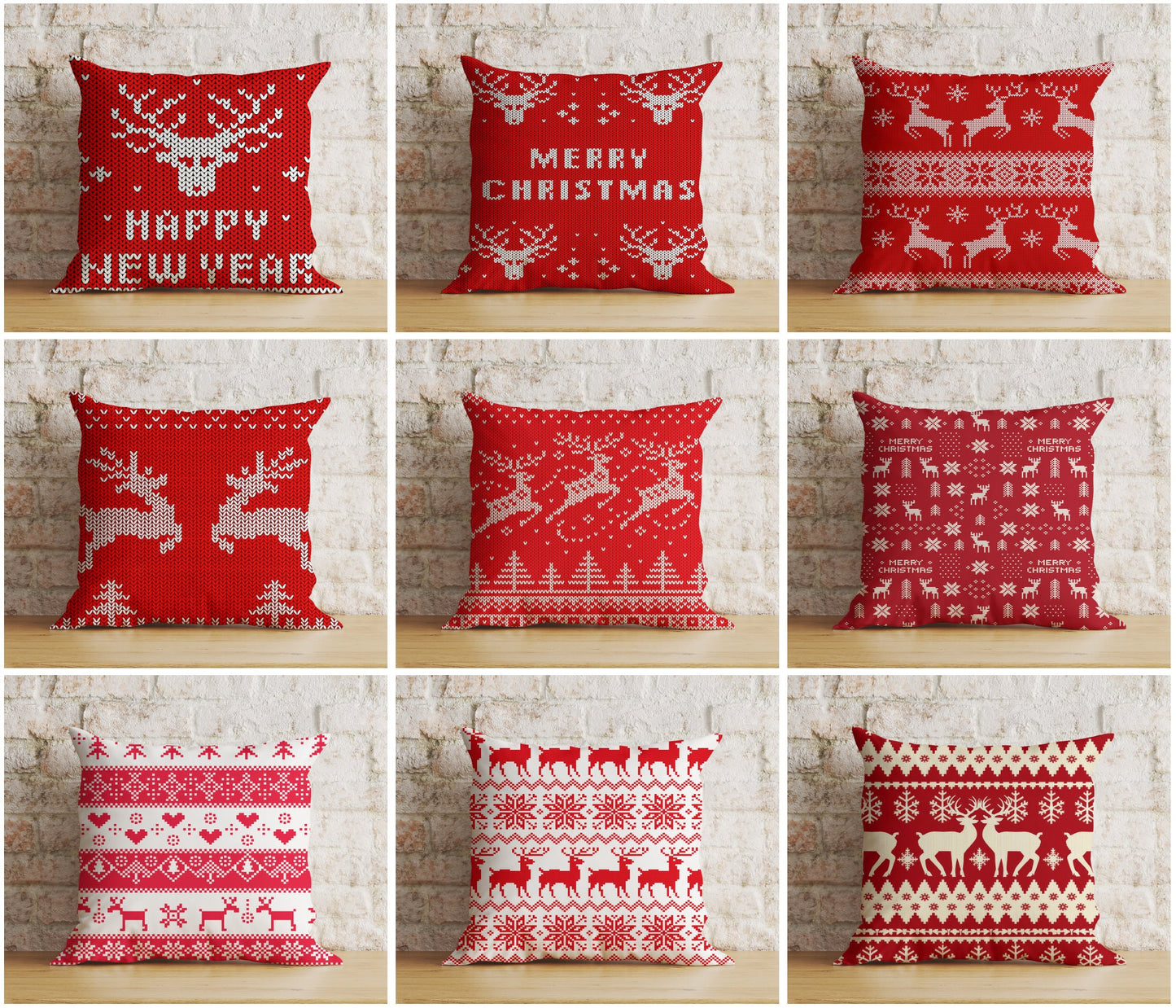 Merry Christmas Knitted Reindeer Red and White Cushion Cover