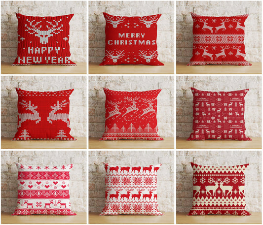 Merry Christmas Knitted Reindeer Red and White Cushion Cover