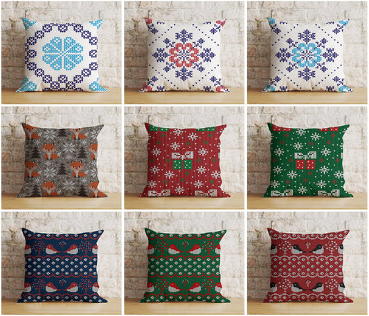 Christmas Snowflake Red and Green Bird Print Cushion Cover