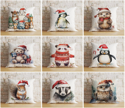 Christmas Cute Animals Santa Hats Festive Cushion Covers