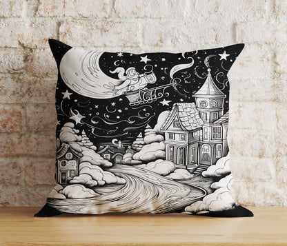 Christmas Santa Sleigh and Stockings Black& White Cushion Covers