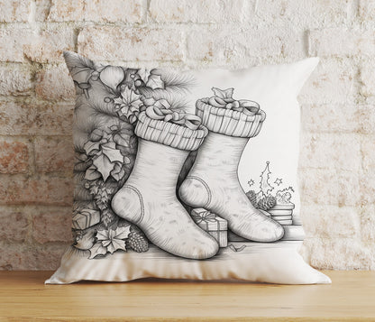 Christmas Santa Sleigh and Stockings Black& White Cushion Covers