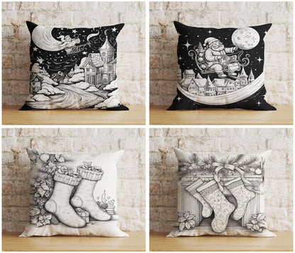 Christmas Santa Sleigh and Stockings Black& White Cushion Covers