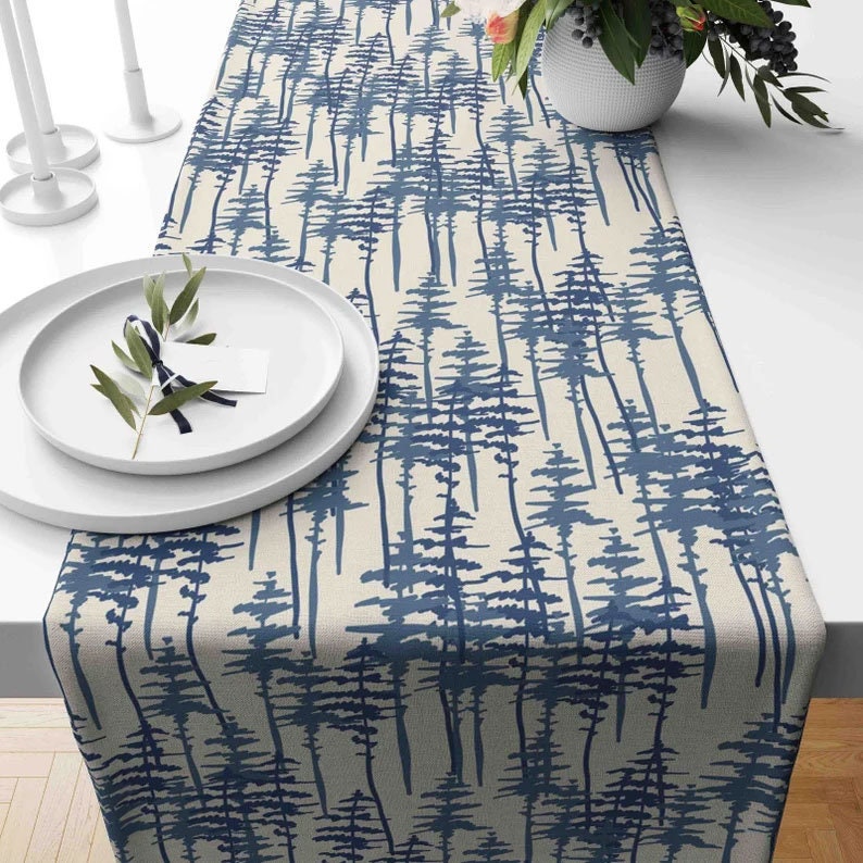 Christmas Blue Pine Forest Noel Home Decor Table Runner