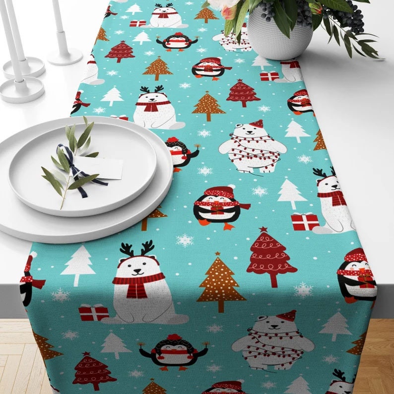 Xmas Winter Red & Blue Christmas Dining Table Runner