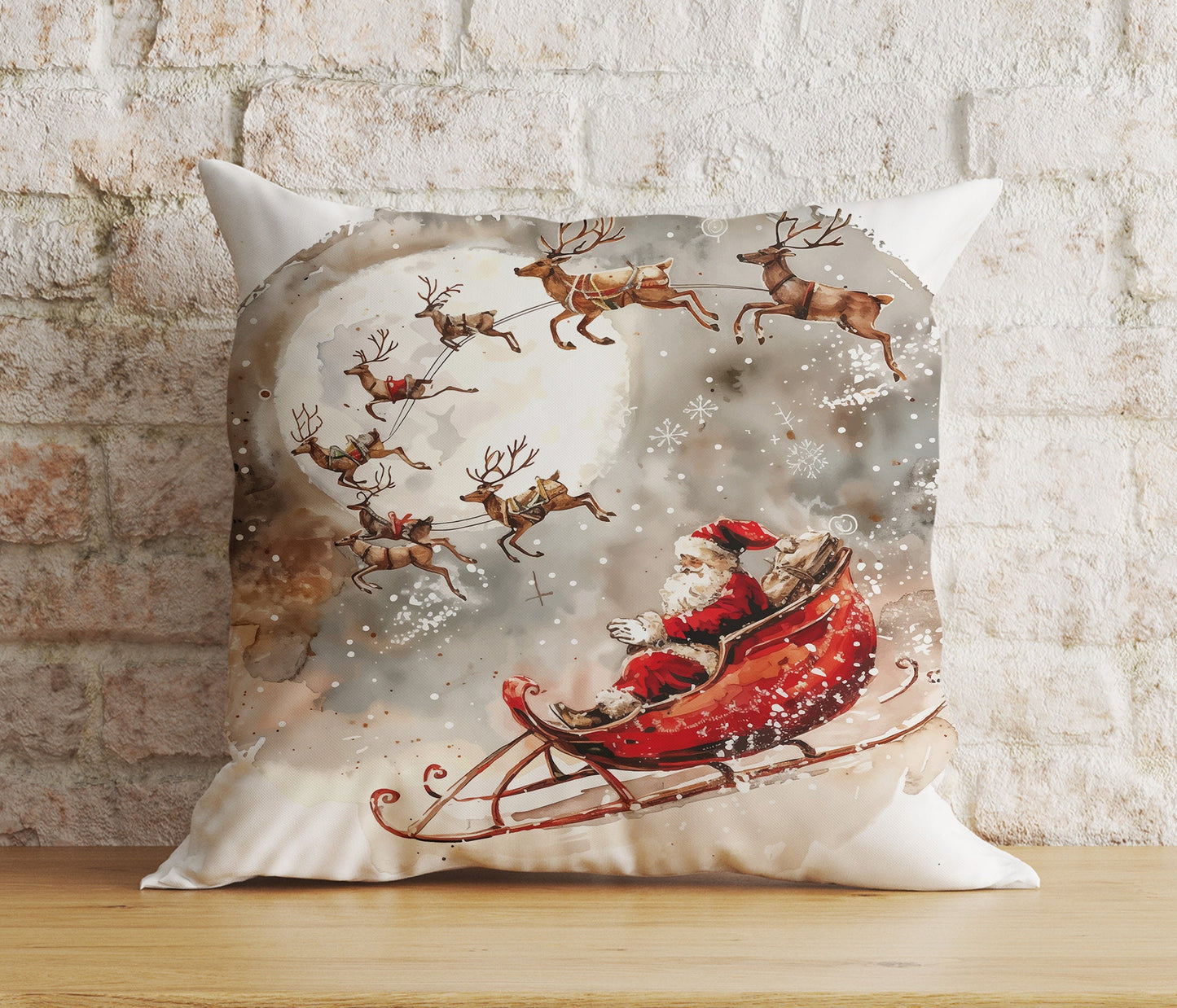 Santa's Sleigh Santa Claus Reindeer Print Cushion Cover