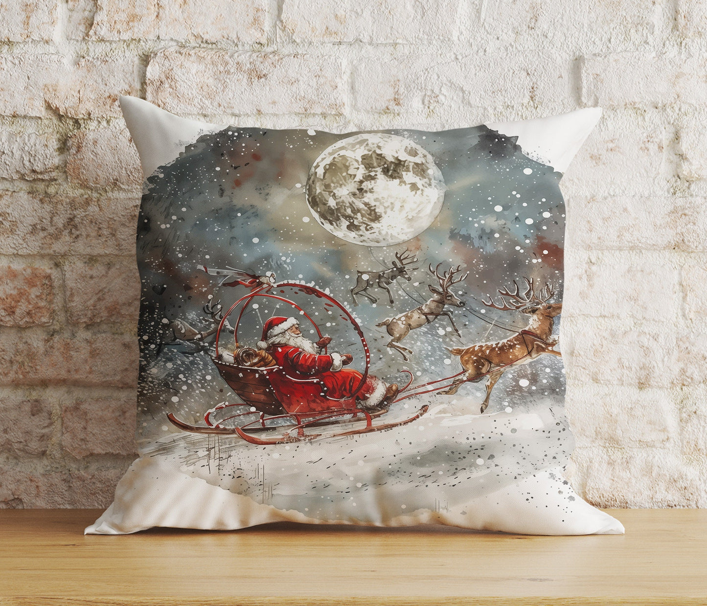 Santa's Sleigh Santa Claus Reindeer Print Cushion Cover