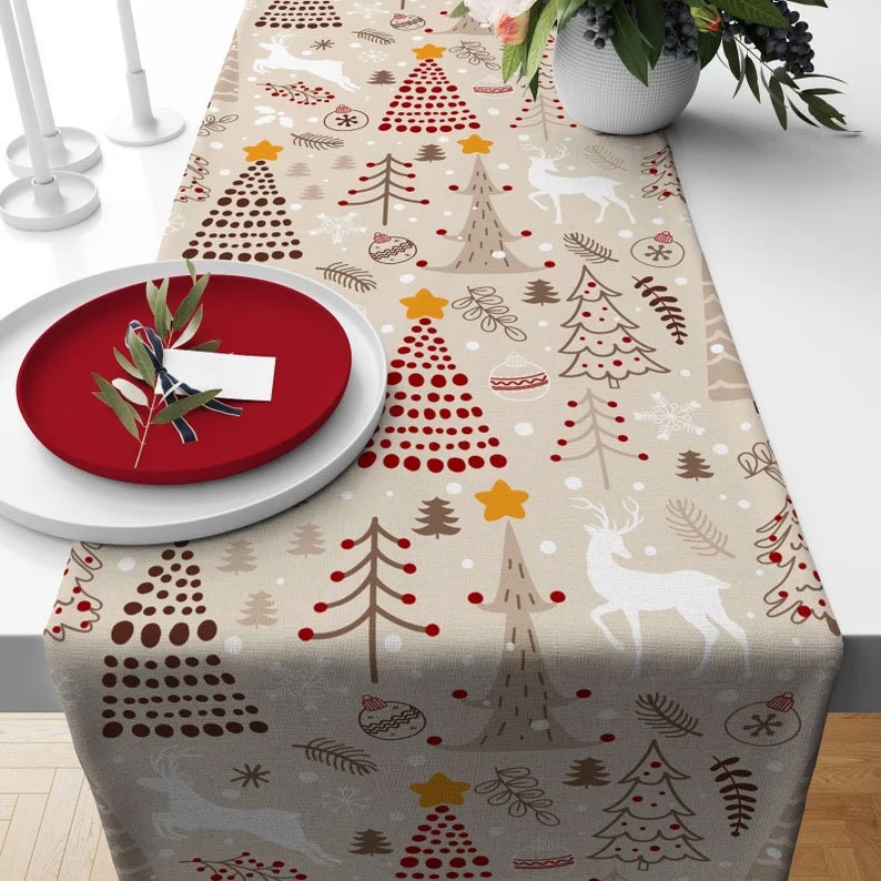 Pine Tree and Deer Red Christmas Print Design Table Runner