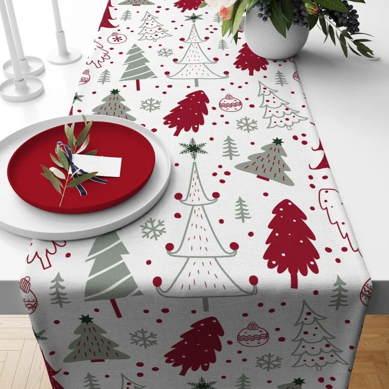 Pine Tree and Deer Red Christmas Print Design Table Runner