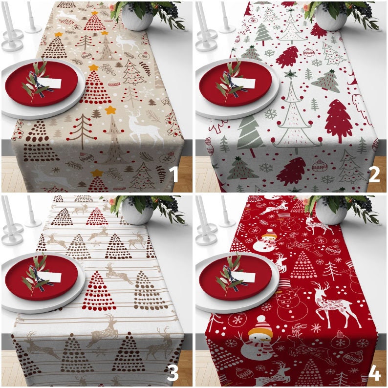 Pine Tree and Deer Red Christmas Print Design Table Runner