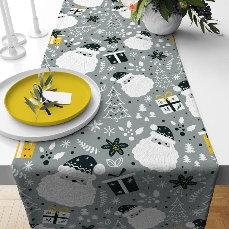 Santa and Cat Theme Christmas Pink Gray Table Runner