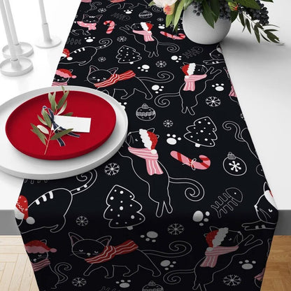 Santa and Cat Theme Christmas Pink Gray Table Runner