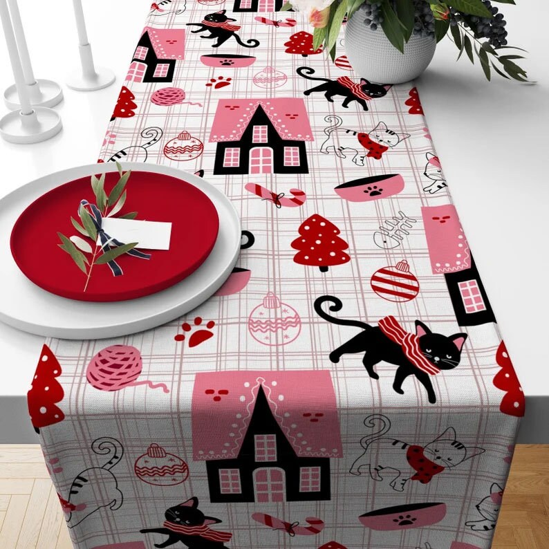 Santa and Cat Theme Christmas Pink Gray Table Runner