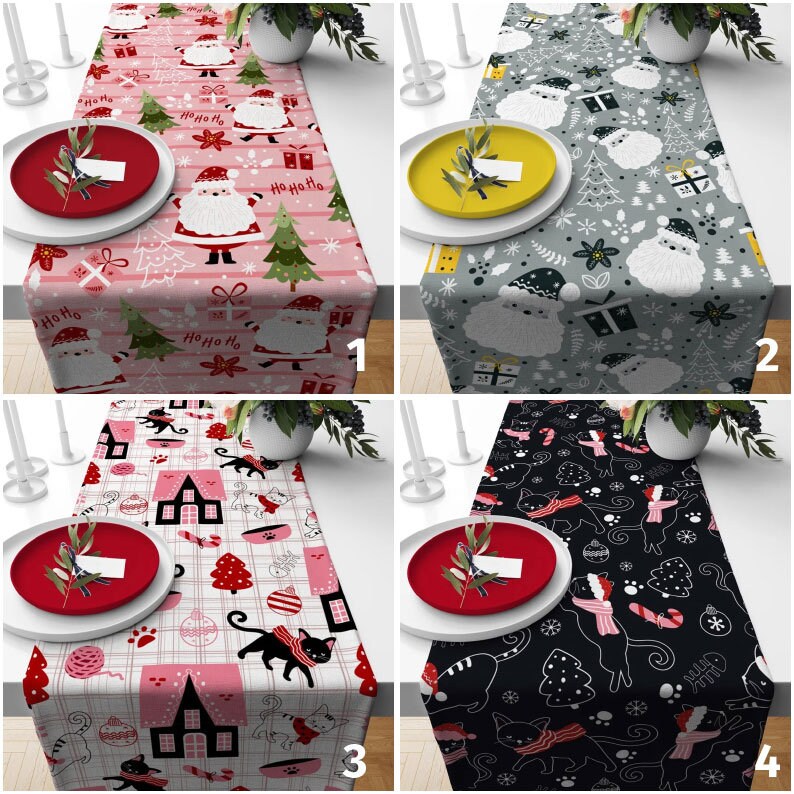 Santa and Cat Theme Christmas Pink Gray Table Runner