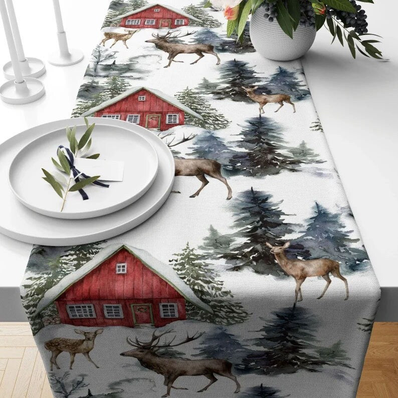 Deers Snow Winter Forest Xmas Kitchen Table Runner