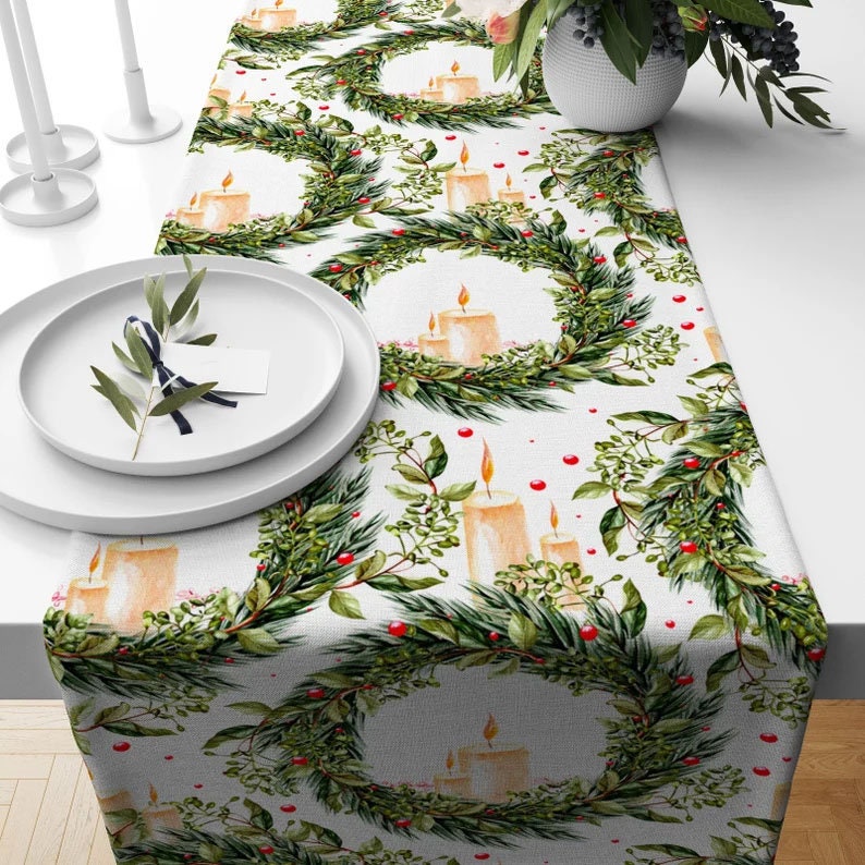 Red Berry and Candle Floral Green & Black Table Runner