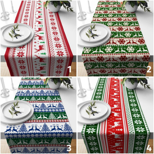 Snowflake Christmas Deer Red Green Blue Table Runner