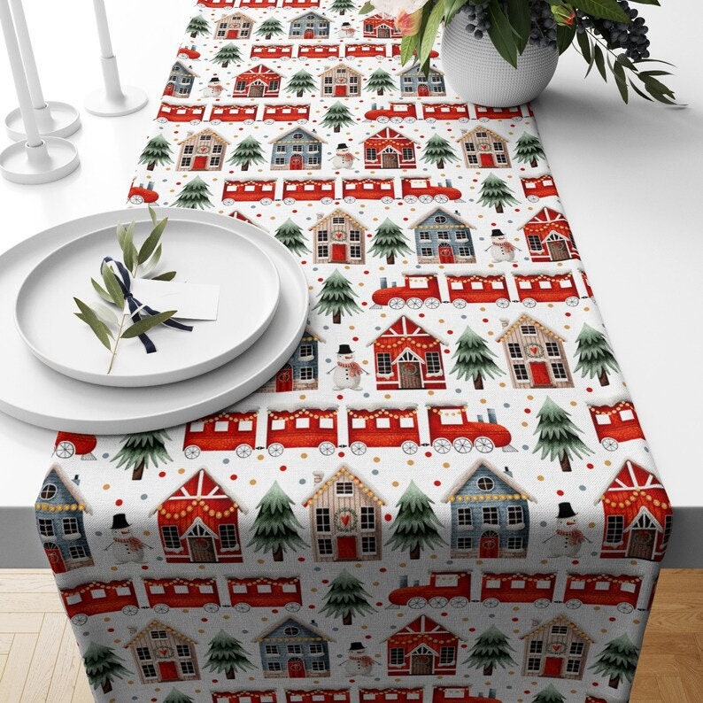 Red Snowy House Blue and Red Christmas Decor Table Runner