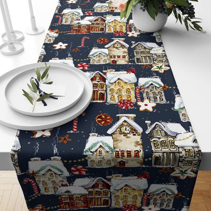 Red Snowy House Blue and Red Christmas Decor Table Runner