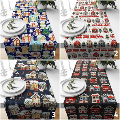 Red Snowy House Blue and Red Christmas Decor Table Runner