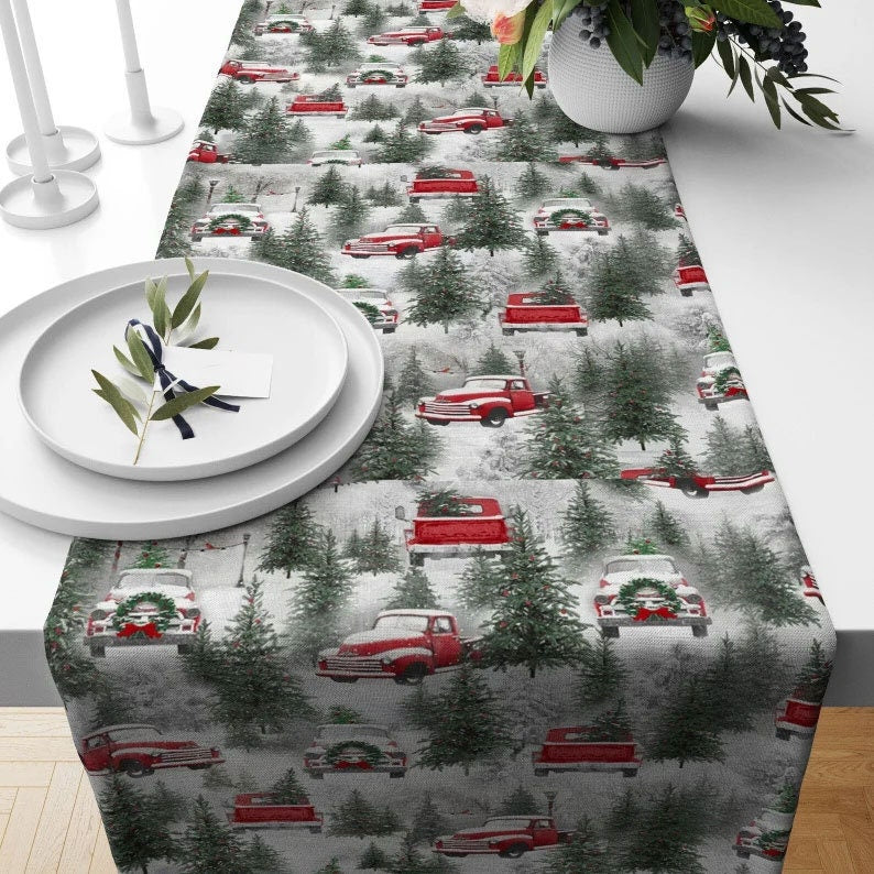 Red House Print Snowy Pattern Xmas Decoration Table Runner