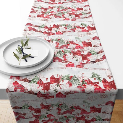 Red House Print Snowy Pattern Xmas Decoration Table Runner