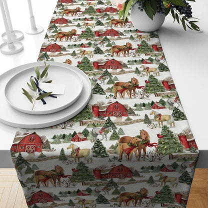 Red House Print Snowy Pattern Xmas Decoration Table Runner