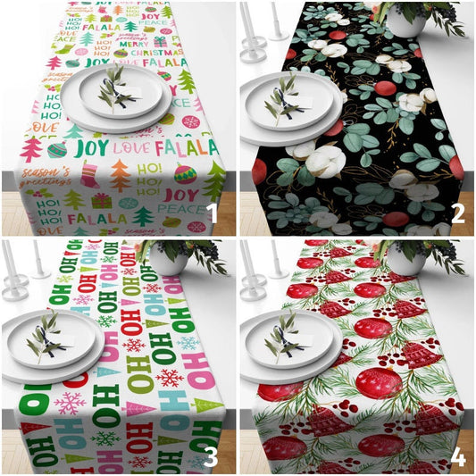 Xmas Tree and Ornament Green and Pink Ho Ho Table Runner