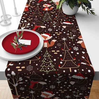 Xmas Pine Tree Green and Brown Noel Decor Table Runner