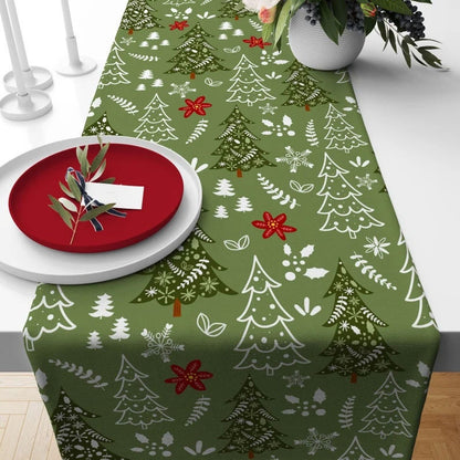 Xmas Pine Tree Green and Brown Noel Decor Table Runner