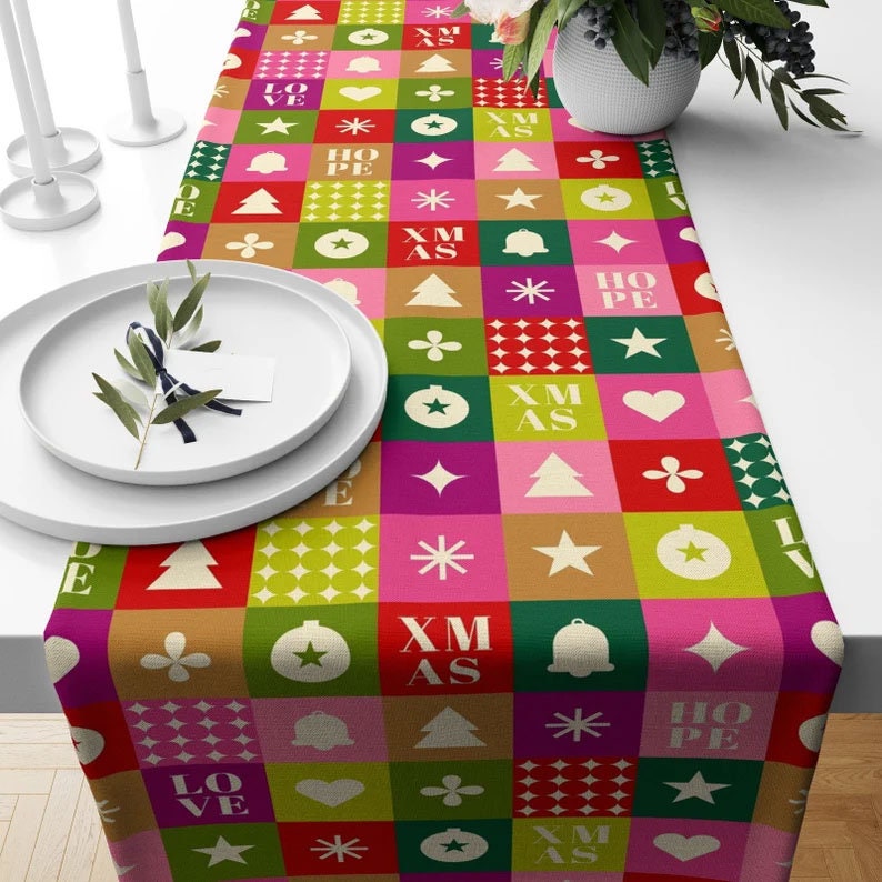 Christmas Colorful Geometric Green and Pink Table Runner