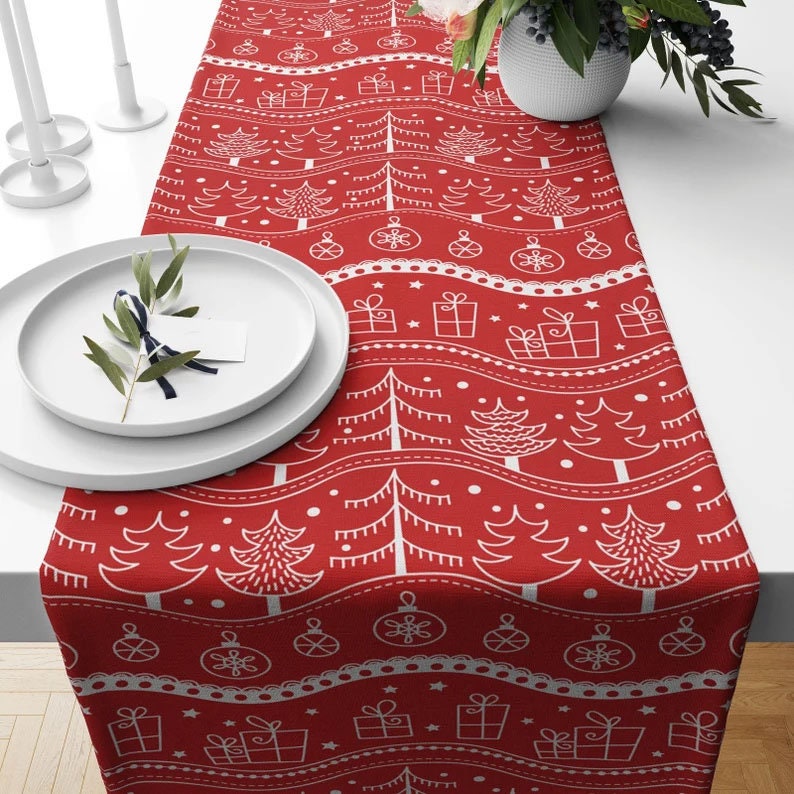 Deer and Snowflake Pine Tree Pattern Red Table Runner