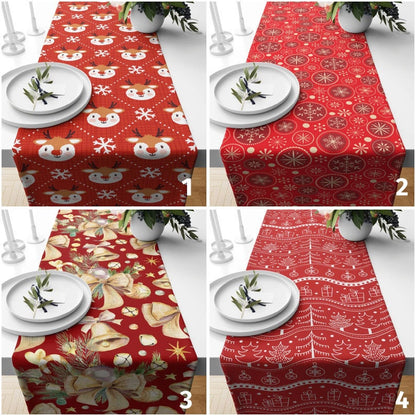 Deer and Snowflake Pine Tree Pattern Red Table Runner