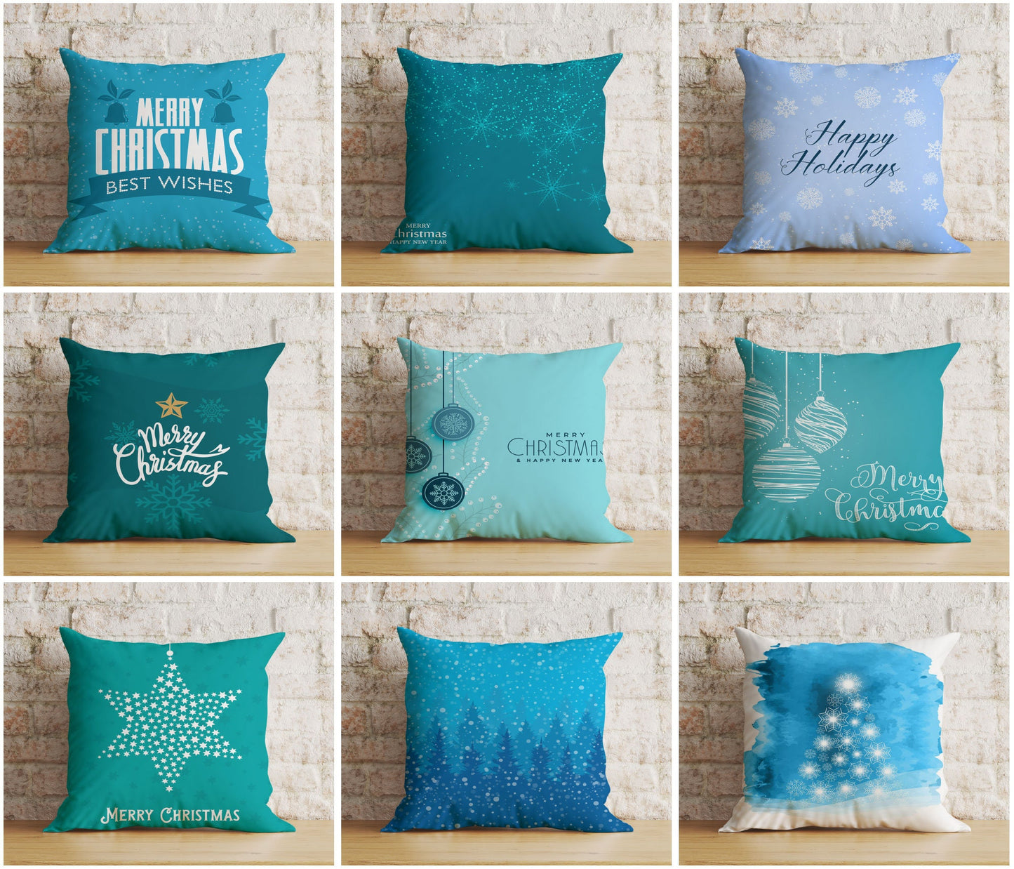 Blue or Turquoise Merry Christmas Star Print Cushion