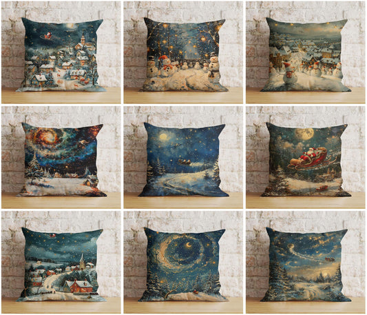 Enchanted Starry Night and Moon Christmas Cushion Covers