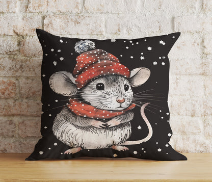 Mouse in Santa Hats Xmas Winter Snowy Cushion Cover