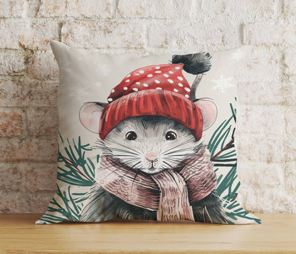 Mouse in Santa Hats Xmas Winter Snowy Cushion Cover