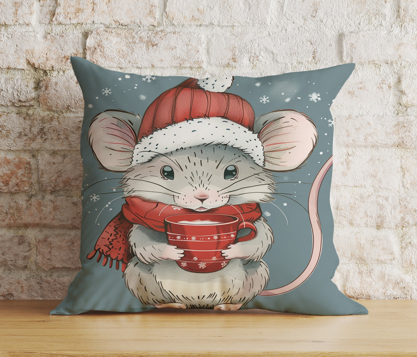 Mouse in Santa Hats Xmas Winter Snowy Cushion Cover