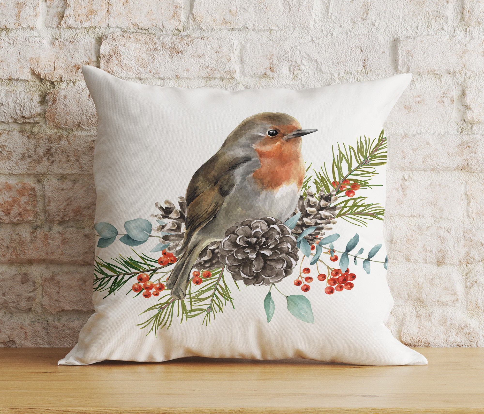 Christmas Winter Chickadee and Robin in Winter Cushion Cover Onay