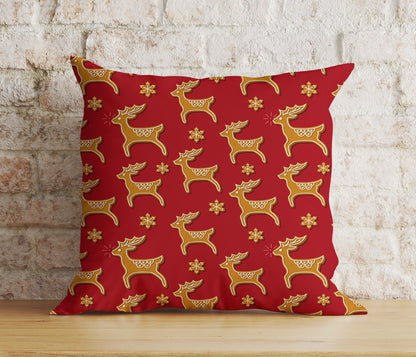 Gold Red and White Xmas Reindeer Snowflakes Cushion Cover