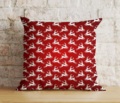 Gold Red and White Xmas Reindeer Snowflakes Cushion Cover