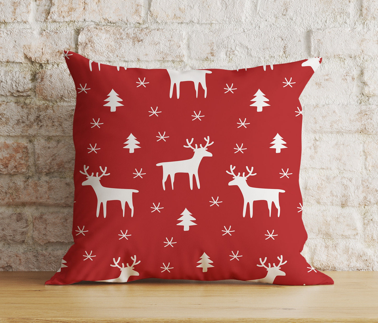 Gold Red and White Xmas Reindeer Snowflakes Cushion Cover